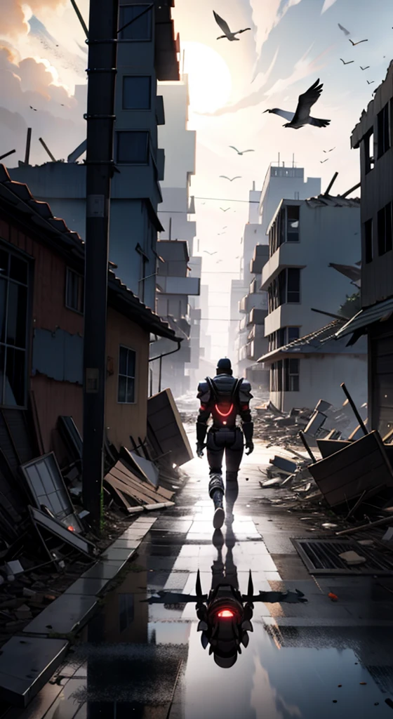 High resolution drawing of warrior with his back to the camera in bionic armor with muscular body, walking on a destroyed road with destroyed buildings, eagles and crows flying in the sky at dusk, half-naked women lie on the floor.