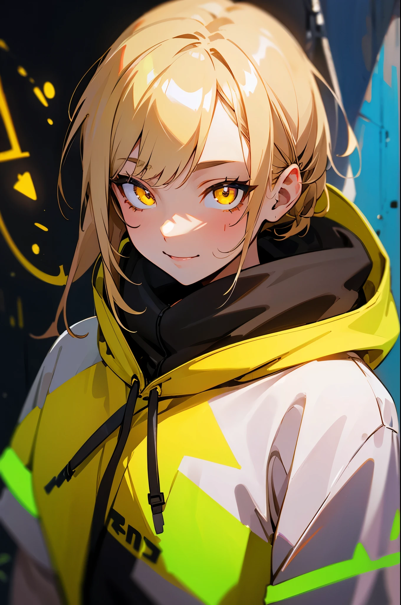 detailed background, masterpiece, highest quality, smile, ornament, hoodie, portrait, yellow neon, graffiti, dark, night, shining eyes, Black light
