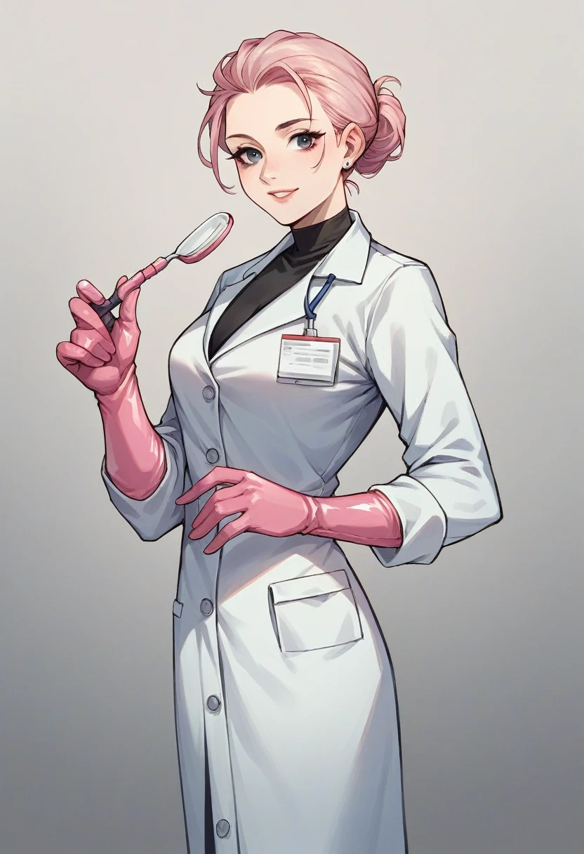1girl, ((pink gloves)), ((surgical gloves)), ((latex gloves)), ((long sleeves)) ((black surgeon outfit)), looking at viewer, ((doctor)), standing, solo