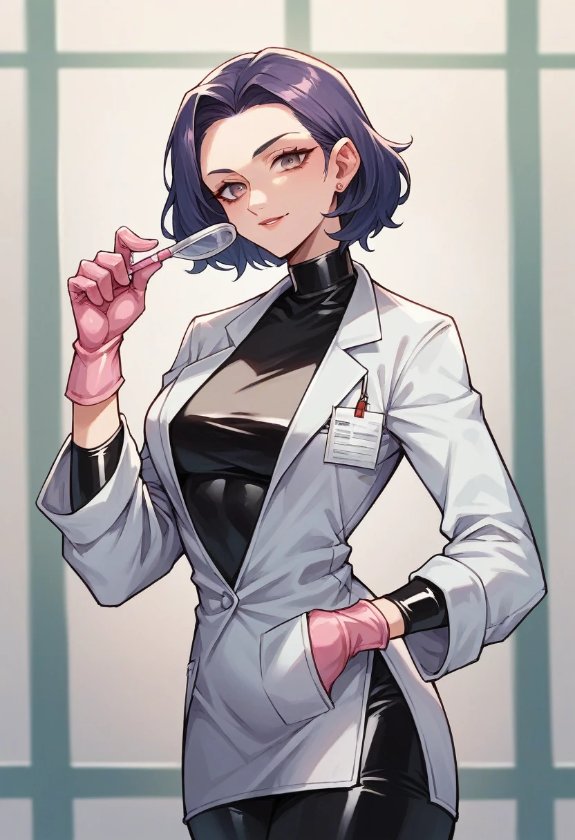 1girl, ((pink gloves)), ((surgical gloves)), ((latex gloves)), ((long sleeves)) ((black surgeon outfit)), looking at viewer, ((doctor)), standing, solo