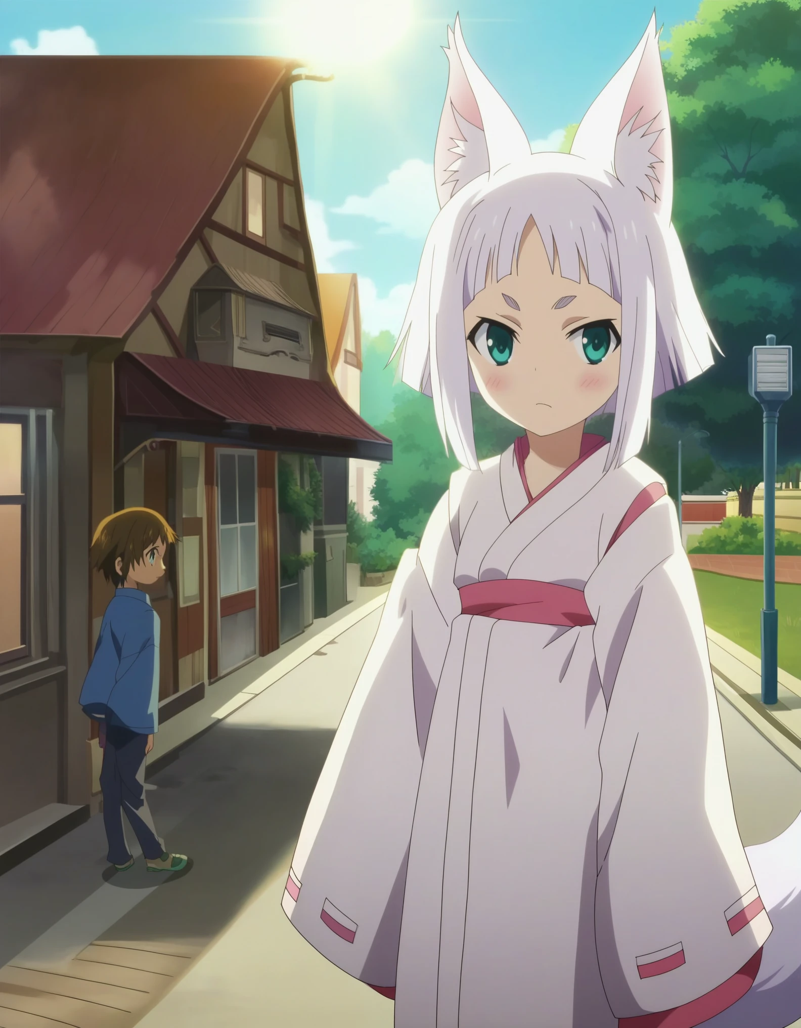 score_9, score_8_up, score_7_up, score_6_up, , source_anime, anime coloring, anime screencap, megami magazine, BREAK, Uncensored, Street background, sunlight,, kon, fox girl, white kimono, White hair, White Tail,, flat chest, , thin, Standing,