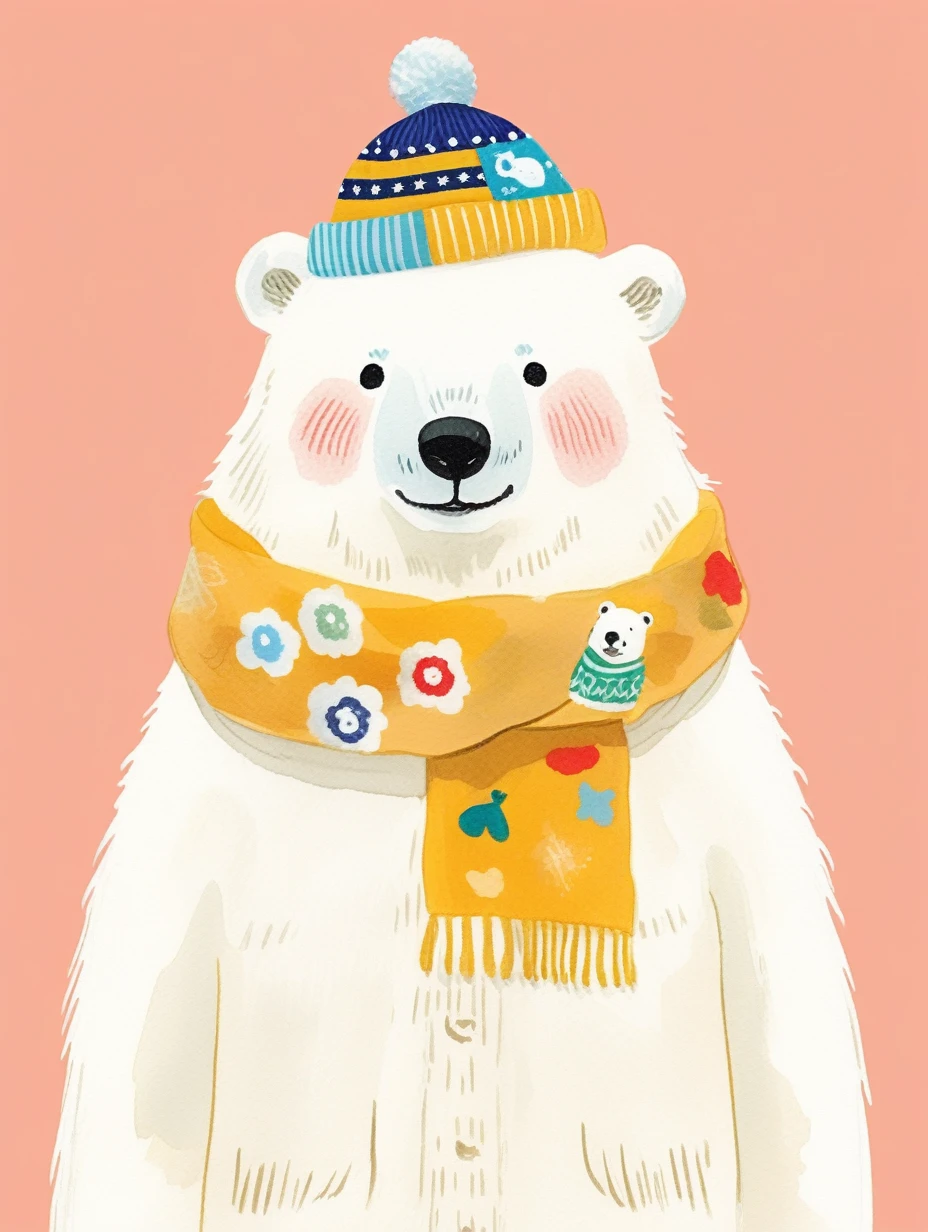 超High resolution, Attention to detail, high quality, High resolution, 最high quality, 4K, 8K, Awards, (artwork)、Little、cute、polar bear、Clothes with a border pattern、Marine hat、Marine hatの上には金色の錨のマーク、Yellow scarf around the neck、Yellow background、Face slightly to the right、(Littleキャラ:1.4)