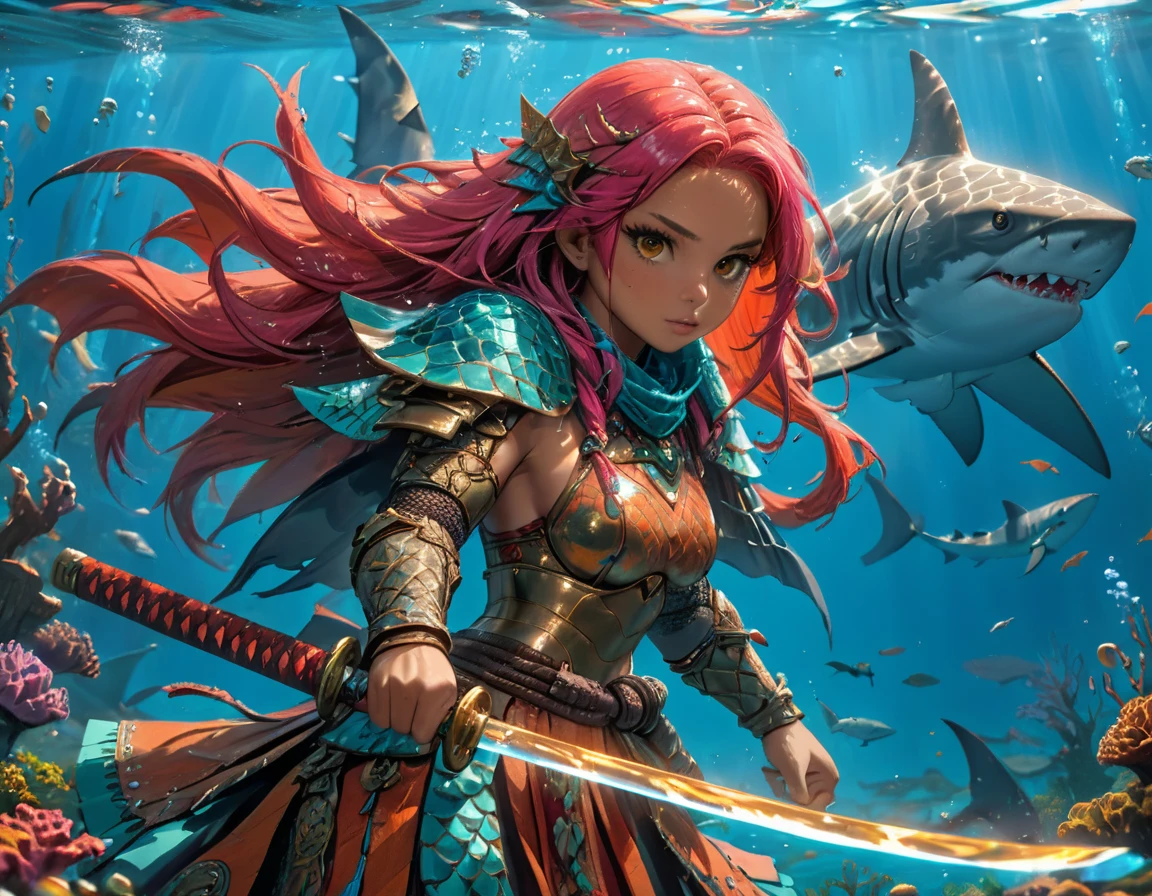 , a wide angle picture of a female human druid swimming along her pet shark, priest of underwater nature, cleric of underwater nature, art full body, ((anatomically correct)), dynamic position (intricate details, Masterpiece, best quality: 1.5) talking to a shark (intricate details, Masterpiece, best quality: 1.5) under the sea (intricate details, Masterpiece, best quality: 1.5), a human woman wearing scale armor ((intricate details, Masterpiece, best quality: 1.4) leather boots, armed with a katana, GLOWING WEAPON, thick hair, long hair, pink hair, tan skin intense brown eyes, undersea background (intense details), night undersea( (intricate details, Masterpiece, best quality: 1.5)high details, best quality, 16k, RAW, (ultra detailed: 1.5), masterpiece, best quality, (extremely detailed), dynamic angle, ultra wide shot, RAW, photorealistic, fantasy art, rpg art, realistic ), dynamic angle, (intricate details, Masterpiece, best quality: 1.5)), high details, best quality, highres, ultra wide angle, Wielding sword, chumbasket art style, katana