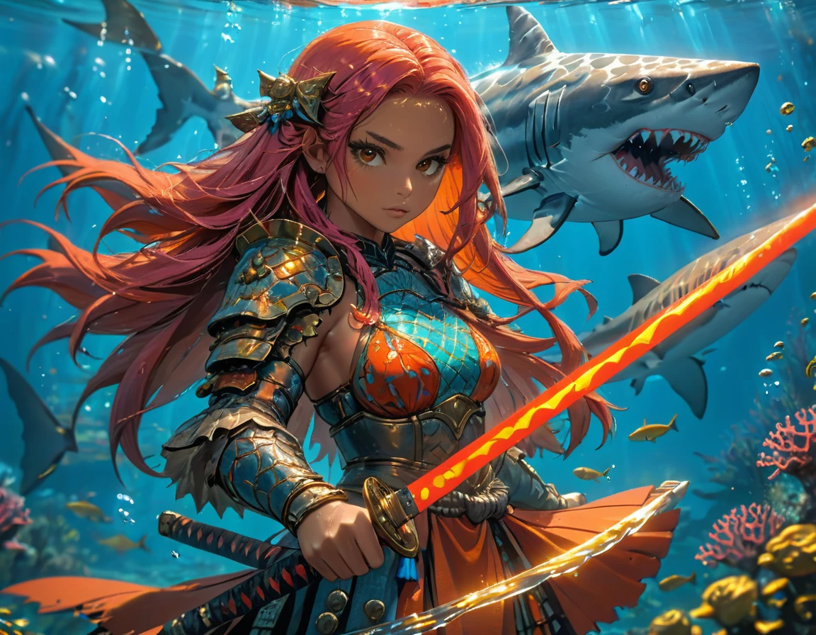 , a wide angle picture of a female human druid swimming along her pet shark, priest of underwater nature, cleric of underwater nature, art full body, ((anatomically correct)), dynamic position (intricate details, Masterpiece, best quality: 1.5) talking to a shark (intricate details, Masterpiece, best quality: 1.5) under the sea (intricate details, Masterpiece, best quality: 1.5), a human woman wearing scale armor ((intricate details, Masterpiece, best quality: 1.4) leather boots, armed with a katana, GLOWING WEAPON, thick hair, long hair, pink hair, tan skin intense brown eyes, undersea background (intense details), night undersea( (intricate details, Masterpiece, best quality: 1.5)high details, best quality, 16k, RAW, (ultra detailed: 1.5), masterpiece, best quality, (extremely detailed), dynamic angle, ultra wide shot, RAW, photorealistic, fantasy art, rpg art, realistic ), dynamic angle, (intricate details, Masterpiece, best quality: 1.5)), high details, best quality, highres, ultra wide angle, Wielding sword, chumbasket art style, katana
