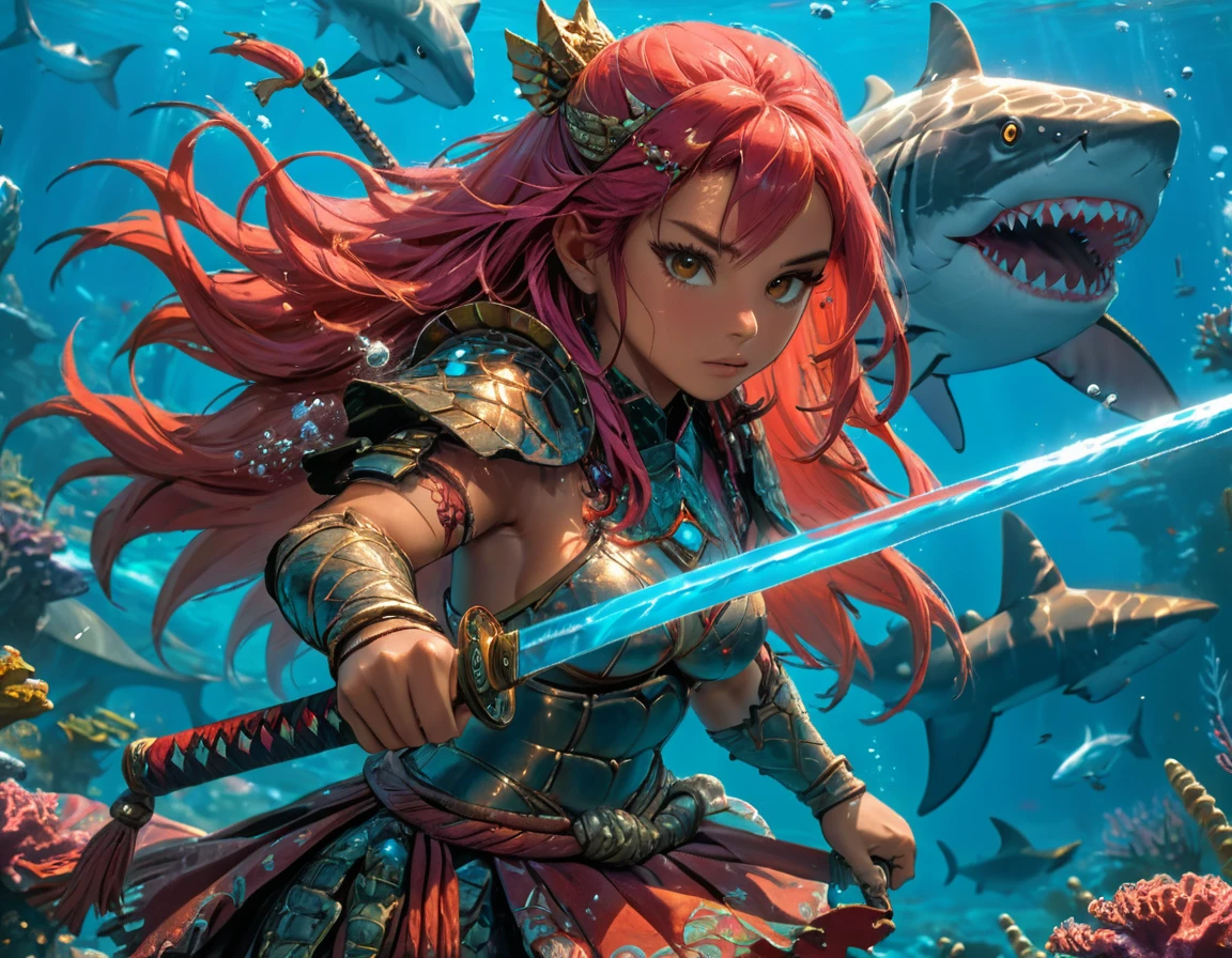 , a wide angle picture of a female human druid swimming along her pet shark, priest of underwater nature, cleric of underwater nature, art full body, ((anatomically correct)), dynamic position (intricate details, Masterpiece, best quality: 1.5) talking to a shark (intricate details, Masterpiece, best quality: 1.5) under the sea (intricate details, Masterpiece, best quality: 1.5), a human woman wearing scale armor ((intricate details, Masterpiece, best quality: 1.4) leather boots, armed with a katana, GLOWING WEAPON, thick hair, long hair, pink hair, tan skin intense brown eyes, undersea background (intense details), night undersea( (intricate details, Masterpiece, best quality: 1.5)high details, best quality, 16k, RAW, (ultra detailed: 1.5), masterpiece, best quality, (extremely detailed), dynamic angle, ultra wide shot, RAW, photorealistic, fantasy art, rpg art, realistic ), dynamic angle, (intricate details, Masterpiece, best quality: 1.5)), high details, best quality, highres, ultra wide angle, Wielding sword, chumbasket art style, katana