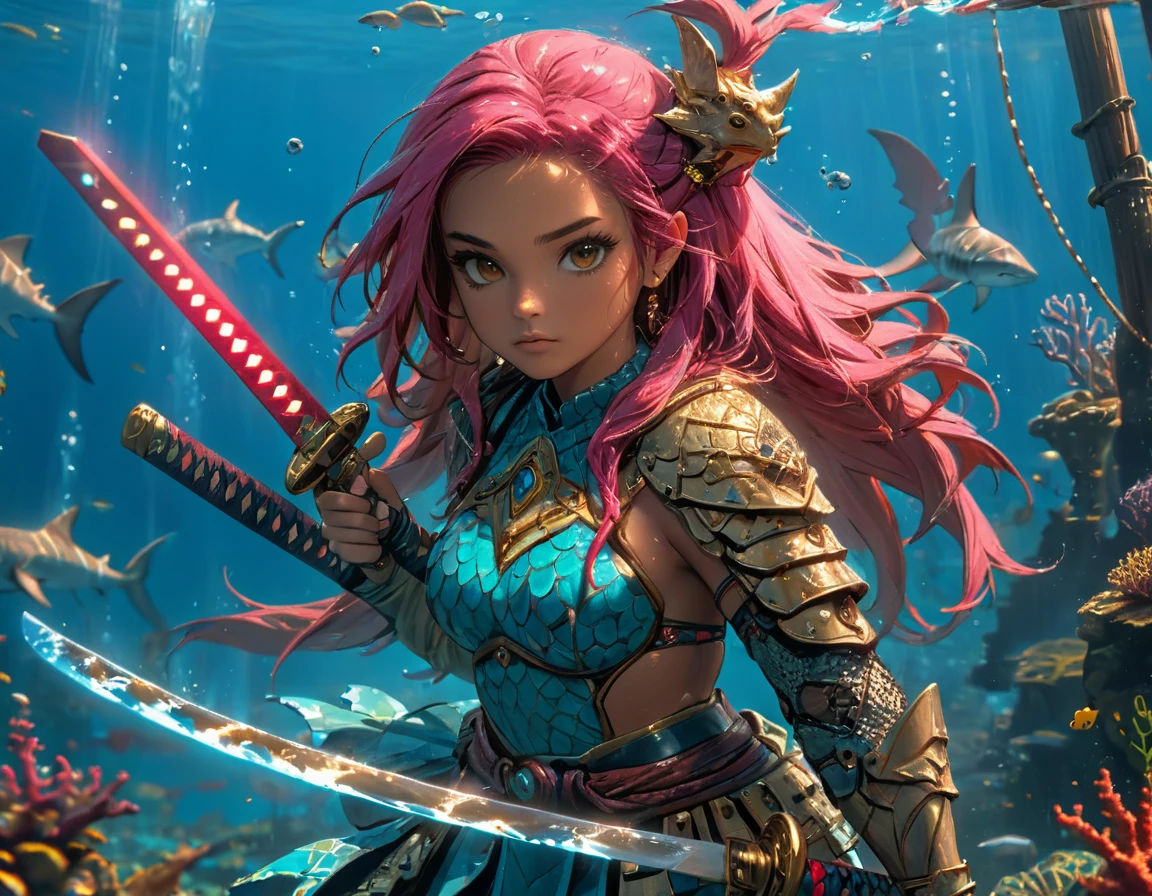 , a wide angle picture of a female human druid swimming along her pet shark, priest of underwater nature, cleric of underwater nature, art full body, ((anatomically correct)), dynamic position (intricate details, Masterpiece, best quality: 1.5) talking to a shark (intricate details, Masterpiece, best quality: 1.5) under the sea (intricate details, Masterpiece, best quality: 1.5), a human woman wearing scale armor ((intricate details, Masterpiece, best quality: 1.4) leather boots, armed with a katana, GLOWING WEAPON, thick hair, long hair, pink hair, tan skin intense brown eyes, undersea background (intense details), night undersea( (intricate details, Masterpiece, best quality: 1.5)high details, best quality, 16k, RAW, (ultra detailed: 1.5), masterpiece, best quality, (extremely detailed), dynamic angle, ultra wide shot, RAW, photorealistic, fantasy art, rpg art, realistic ), dynamic angle, (intricate details, Masterpiece, best quality: 1.5)), high details, best quality, highres, ultra wide angle, Wielding sword, chumbasket art style, katana