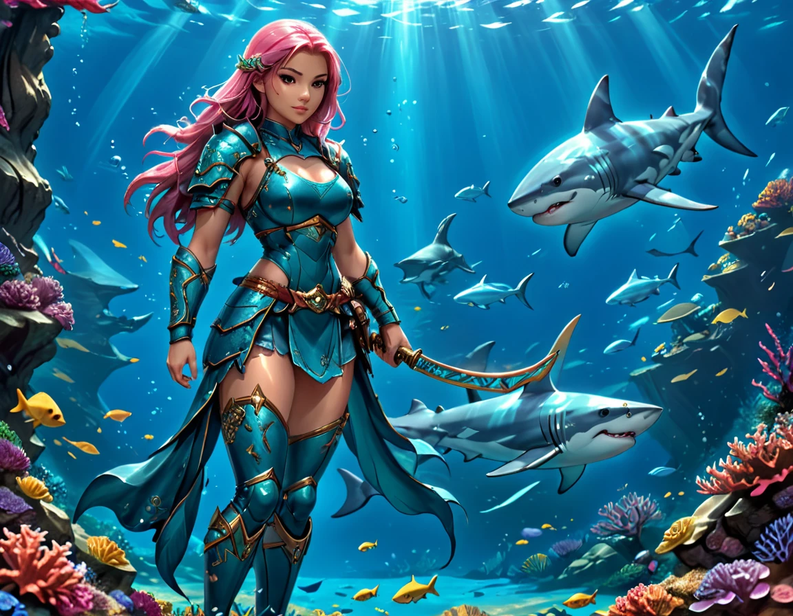 , a wide angle picture of a female human druid swimming along her pet shark, priest of underwater nature, cleric of underwater nature, art full body, ((anatomically correct)), dynamic position (intricate details, Masterpiece, best quality: 1.5) talking to a shark (intricate details, Masterpiece, best quality: 1.5) under the sea (intricate details, Masterpiece, best quality: 1.5), a human woman wearing scale armor ((intricate details, Masterpiece, best quality: 1.4) leather boots, armed with a katana, GLOWING WEAPON, thick hair, long hair, pink hair, tan skin intense brown eyes, undersea background (intense details), night undersea( (intricate details, Masterpiece, best quality: 1.5)high details, best quality, 16k, RAW, (ultra detailed: 1.5), masterpiece, best quality, (extremely detailed), dynamic angle, ultra wide shot, RAW, photorealistic, fantasy art, rpg art, realistic ), dynamic angle, (intricate details, Masterpiece, best quality: 1.5)), high details, best quality, highres, ultra wide angle, Wielding sword, chumbasket art style, katana