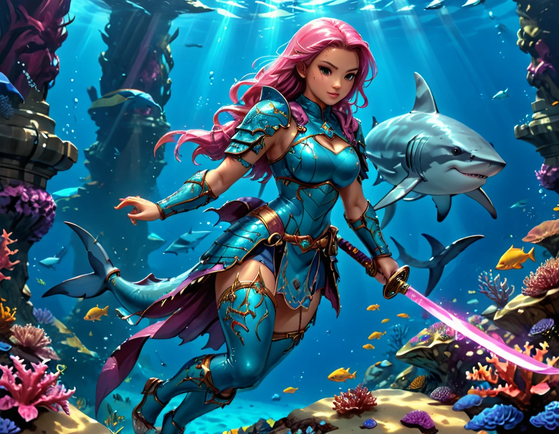 , a wide angle picture of a female human druid swimming along her pet shark, priest of underwater nature, cleric of underwater nature, art full body, ((anatomically correct)), dynamic position (intricate details, Masterpiece, best quality: 1.5) talking to a shark (intricate details, Masterpiece, best quality: 1.5) under the sea  (intricate details, Masterpiece, best quality: 1.5), a human woman wearing scale armor ((intricate details, Masterpiece, best quality: 1.4) leather boots, armed with a katana, GLOWING WEAPON, thick hair, long hair, pink hair, tan skin intense brown eyes, undersea background (intense details),  night undersea( (intricate details, Masterpiece, best quality: 1.5)high details, best quality, 16k, RAW, (ultra detailed: 1.5), masterpiece, best quality, (extremely detailed), dynamic angle, ultra wide shot, RAW, photorealistic, fantasy art, rpg art, realistic ), dynamic angle,  (intricate details, Masterpiece, best quality: 1.5)), high details, best quality, highres, ultra wide angle, Wielding sword, chumbasket art style, katana