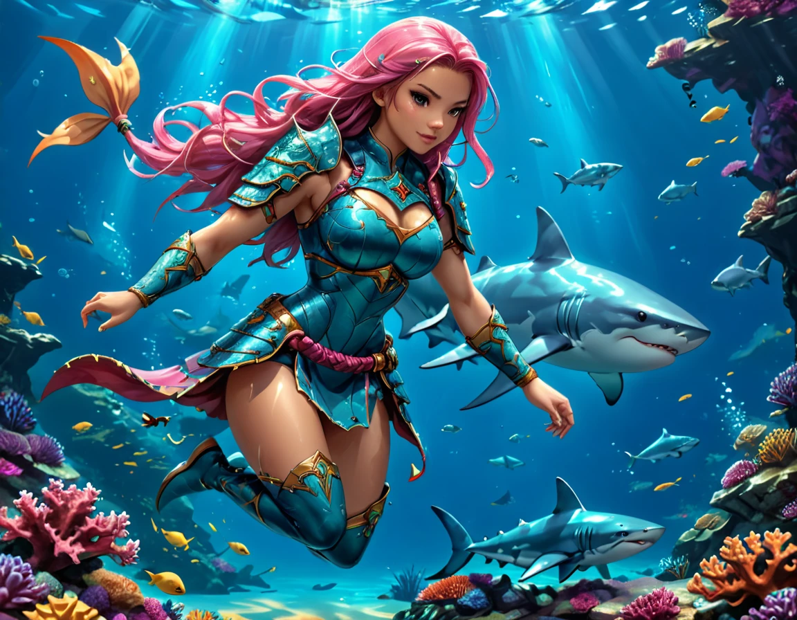 , a wide angle picture of a female human druid swimming along her pet shark, priest of underwater nature, cleric of underwater nature, art full body, ((anatomically correct)), dynamic position (intricate details, Masterpiece, best quality: 1.5) talking to a shark (intricate details, Masterpiece, best quality: 1.5) under the sea (intricate details, Masterpiece, best quality: 1.5), a human woman wearing scale armor ((intricate details, Masterpiece, best quality: 1.4) leather boots, armed with a katana, GLOWING WEAPON, thick hair, long hair, pink hair, tan skin intense brown eyes, undersea background (intense details), night undersea( (intricate details, Masterpiece, best quality: 1.5)high details, best quality, 16k, RAW, (ultra detailed: 1.5), masterpiece, best quality, (extremely detailed), dynamic angle, ultra wide shot, RAW, photorealistic, fantasy art, rpg art, realistic ), dynamic angle, (intricate details, Masterpiece, best quality: 1.5)), high details, best quality, highres, ultra wide angle, Wielding sword, chumbasket art style, katana