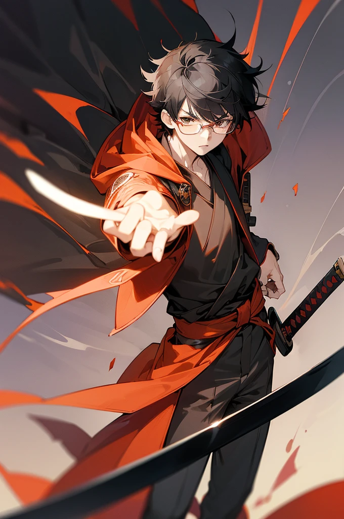 solo, (((anime boy with black hair))), (glasses), (hazel eyes), (serious expression), (bangs), ((red cloak)), ((katana strapped to hip)), (fantasy), ((high quality)), (extremely detailed)