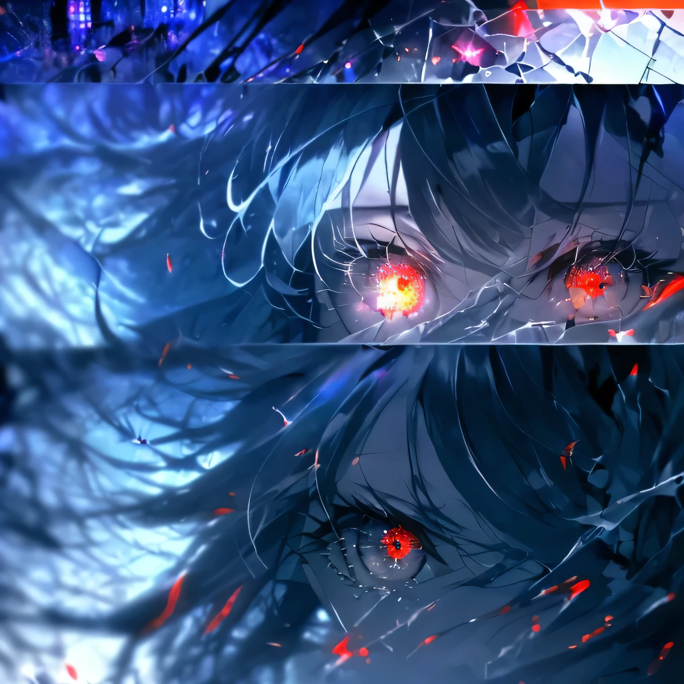 (masterpiece), (panels), (soft drops of blood, tears), ((dark colors 1.6)), (red glowing eyes), (blood splatters), blood floating), (long hair), (divided panels), (girls staring at viewer), (upper body), (upper face), ((shattered glass 1.3)), (glass shards floating in the air), (detailed hair), (emotionless), (fog 1.2), (well lit), (detailed lighting), (sharp focus:1.3), (focus at the face:1.3), (dystopian atmosphere), (glowing light), (torn buildings), ((ruins)), (fallen down pillars), (mist), (windy atmosphere), (chaos), (tears dripping from eyes), (tears blowing in the wind), (lighting from behind), ((hair blowing in the wind), (in the background there are eyes), (red eyes on the walls 1.3), ((seperate)), (particles floating in the air 1.2), (light reflecting off hair), ((detailed background)), (particles are in the background), (girl facing forward), (girl facing sideways), ((glowing red eyes)), (detailed eyes), (monitor panels)