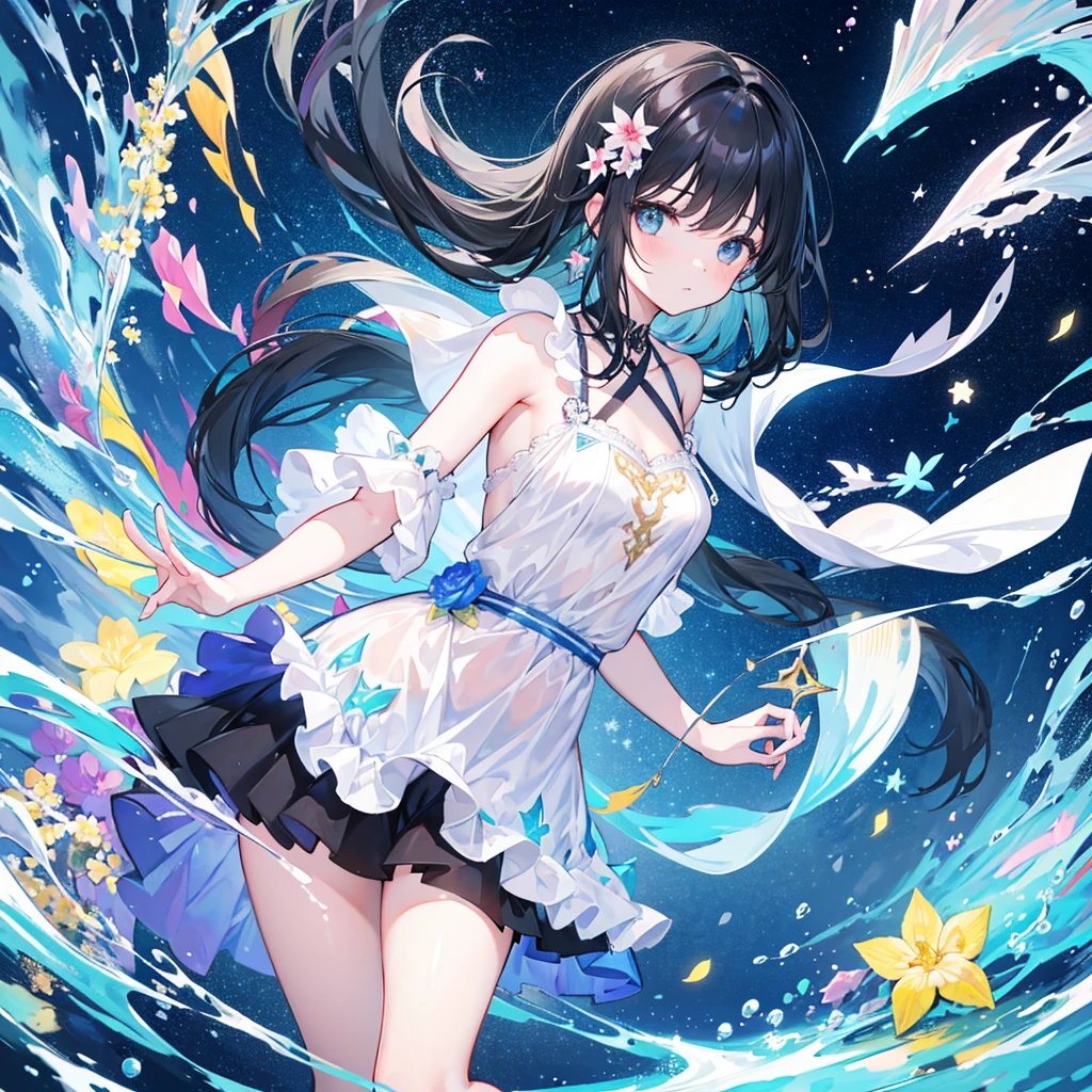 create an image, of a girl with shoulder length black hair playing with flowers and fish, something magical and deep, surrounded by stars and lights, funny and poetic 