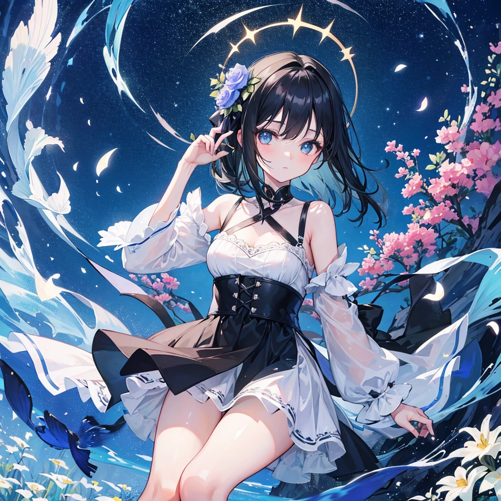 create an image, of a girl with shoulder length black hair playing with flowers and fish, something magical and deep, surrounded by stars and lights, funny and poetic 
