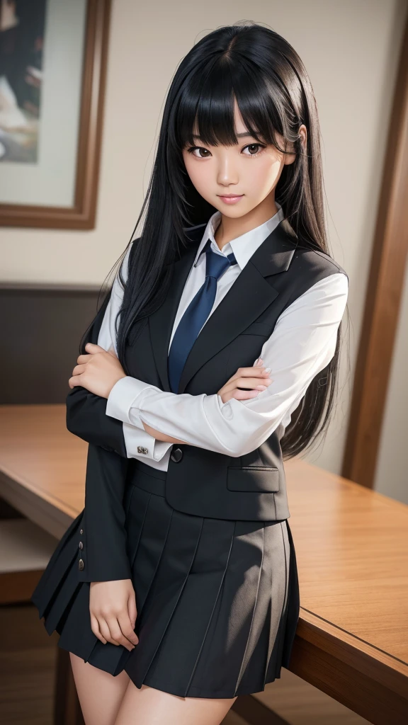 a beautiful detailed asian girl with long black hair and heavy bangs, wearing a school uniform with a skirt and blazer, resting her chin on her arm and gazing intently, (best quality,4k,8k,highres,masterpiece:1.2),ultra-detailed,(realistic,photorealistic,photo-realistic:1.37),detailed face,highlights,tabletop