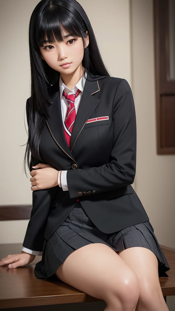 a beautiful detailed asian girl with long black hair and heavy bangs, wearing a school uniform with a skirt and blazer, resting her chin on her arm and gazing intently, (best quality,4k,8k,highres,masterpiece:1.2),ultra-detailed,(realistic,photorealistic,photo-realistic:1.37),detailed face,highlights,tabletop