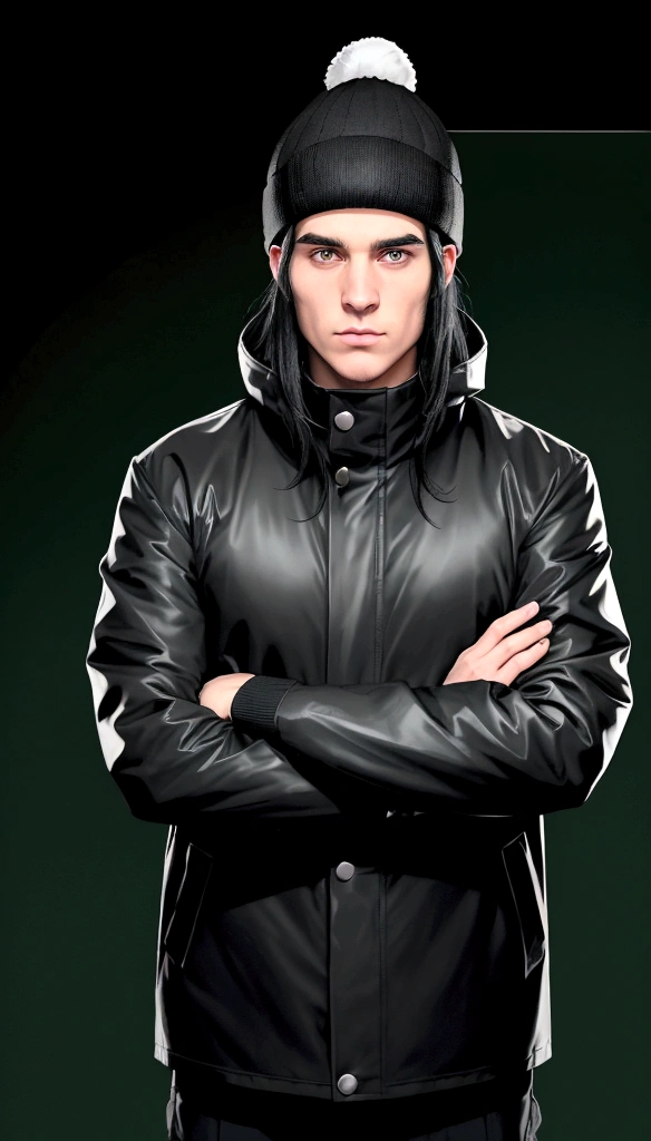 a white man with black hair, combed backwards, wearing a black beanie, with a chin full of long black hair, dressed in a waterproof jacket, looking straight at the camera, ID photo, with a green background in the background, man attractive looking forward with arms crossed, document photo
