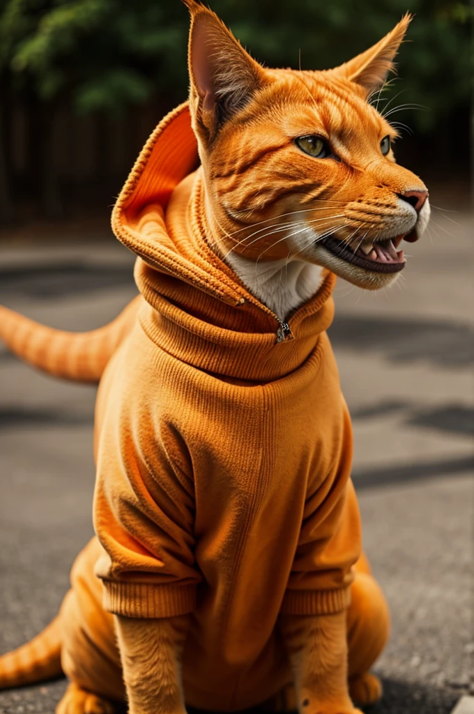 An orange sheepish cat wearing a rex dinosaur sweatshirt
