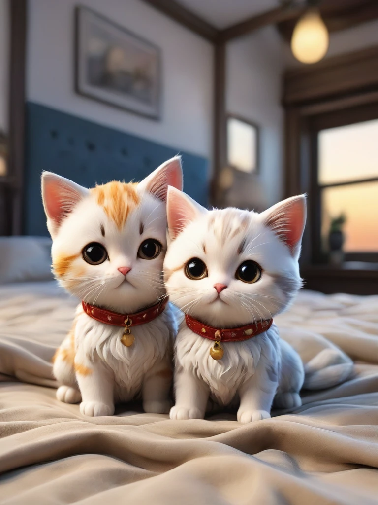 With the sunset in the background,(masterpiece:1.2, high quality), Kittens sleeping together in bed、