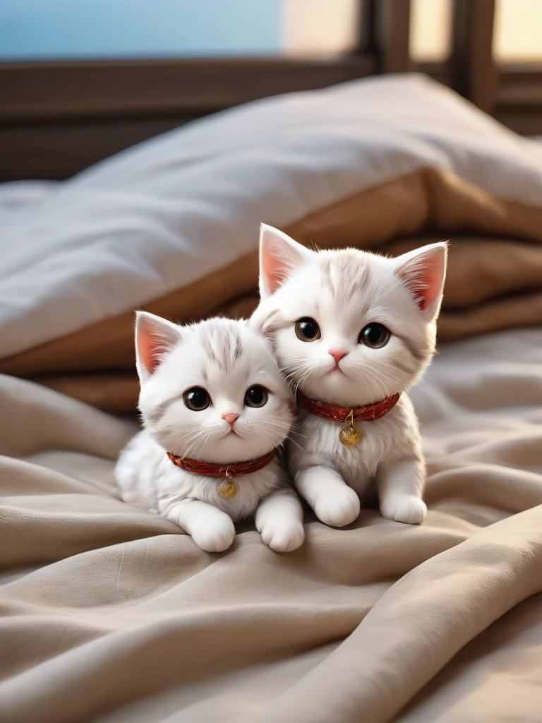 With the sunset in the background,(masterpiece:1.2, high quality), Kittens sleeping together in bed、