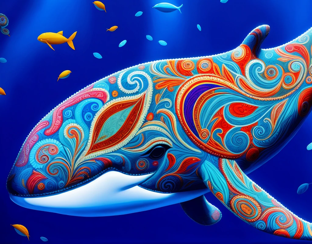 very bold intense deeply saturated colorful paisley whale, crisp edges