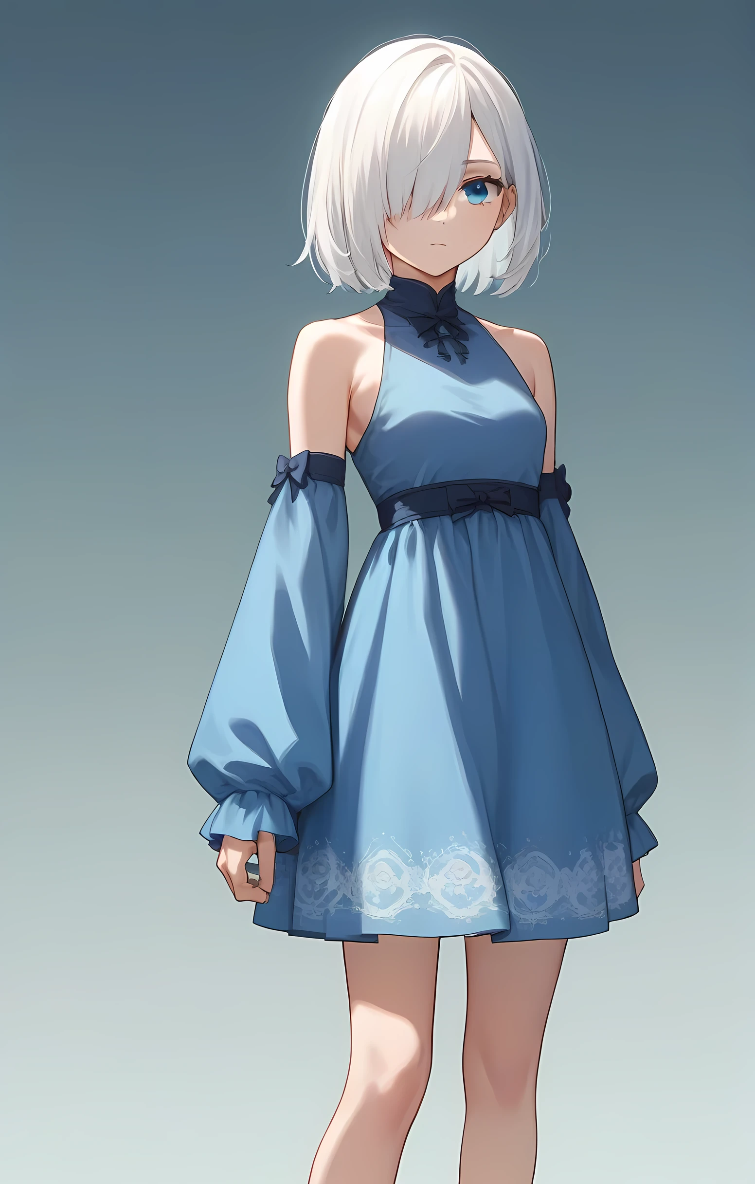 score_9, score_8_up, score_7_up, score_6_up, score_5_up, score_4_up, BREAK source_anime, one anime girl, blue eyes, white hair, medium hair, hair covers one eye, white and blue dress, standing