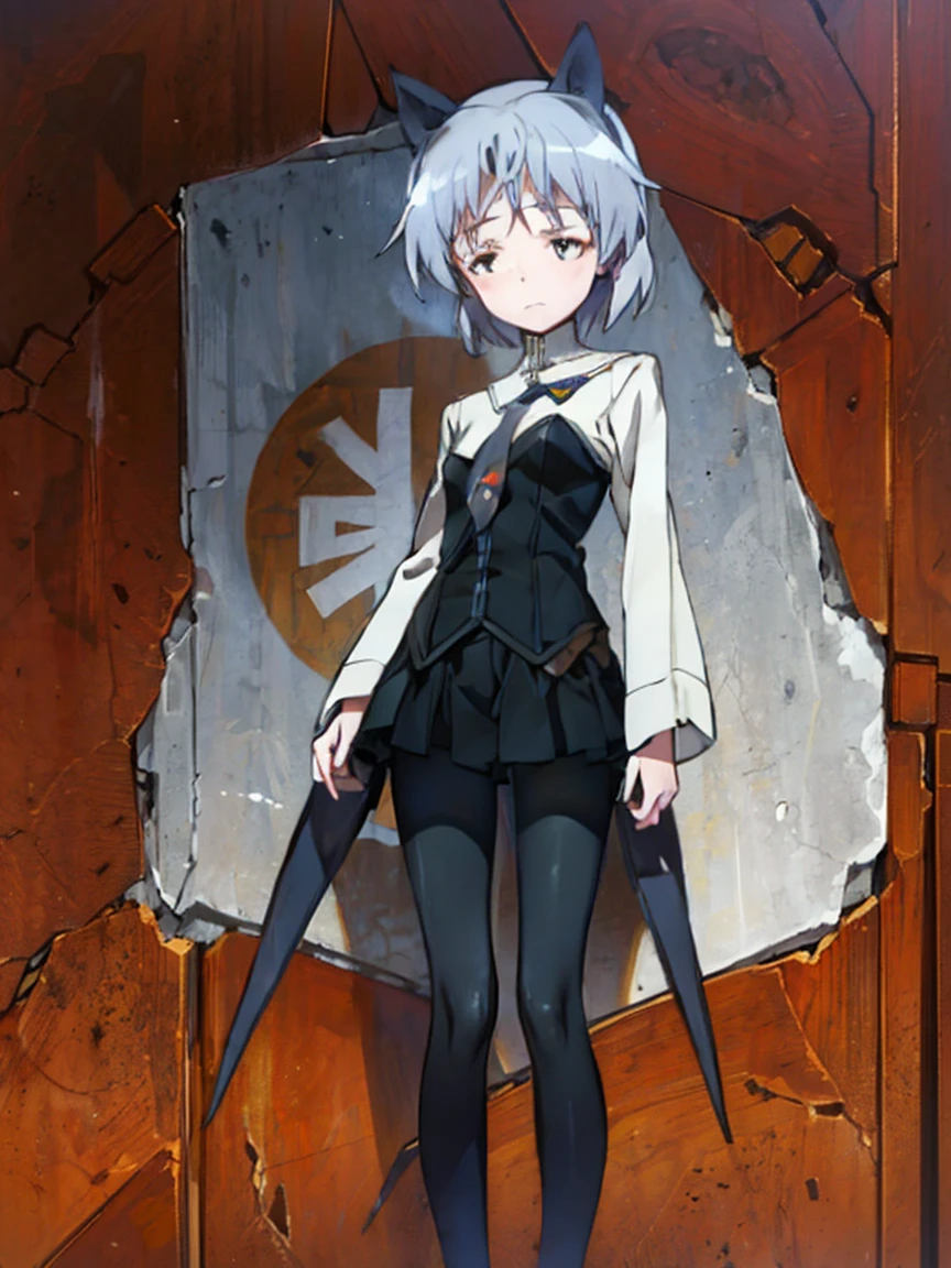 ((Strike Witches))、((Close your eyesる)),，(((Wide-open legs)))、(((Close your eyes)たCrying face))、　Silver Hair、、Slim figure，thin height、，elementary school girl、, girl、Long Hair，Small face，Emaciated，thin、Black tights legs，、Legs wide open、Legs wide open、、，Crying face,bondage、Tied up、shibari、Face is gloomy，Gloomy face、，Small breasts，Small breasts、非常にSmall breasts，Extremely Small breasts、、Adorable，Adorable、，uniform、The legs are very thin，legs are very thin、The best quality in the best condition，Highest quality、，masterpiece