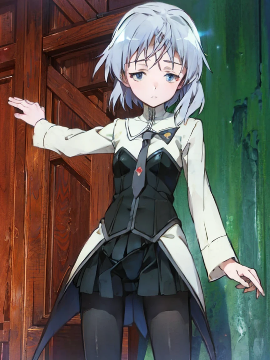 ((Strike Witches))、((Close your eyesる)),，(((Wide-open legs)))、(((Close your eyes)たCrying face))、　Silver Hair、、Slim figure，thin height、，elementary school girl、, girl、Long Hair，Small face，Emaciated，thin、Black tights legs，、Legs wide open、Legs wide open、、，Crying face,bondage、Tied up、shibari、Face is gloomy，Gloomy face、，Small breasts，Small breasts、非常にSmall breasts，Extremely Small breasts、、Adorable，Adorable、，uniform、The legs are very thin，legs are very thin、The best quality in the best condition，Highest quality、，masterpiece