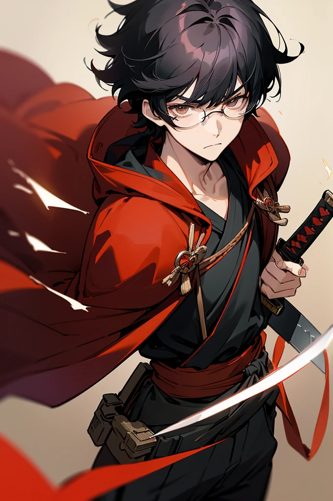 solo, (((anime boy with black hair))), (glasses), (hazel eyes), (serious expression), (bangs), ((red cloak)), ((katana strapped to hip)), (fantasy), ((high quality)), (extremely detailed)