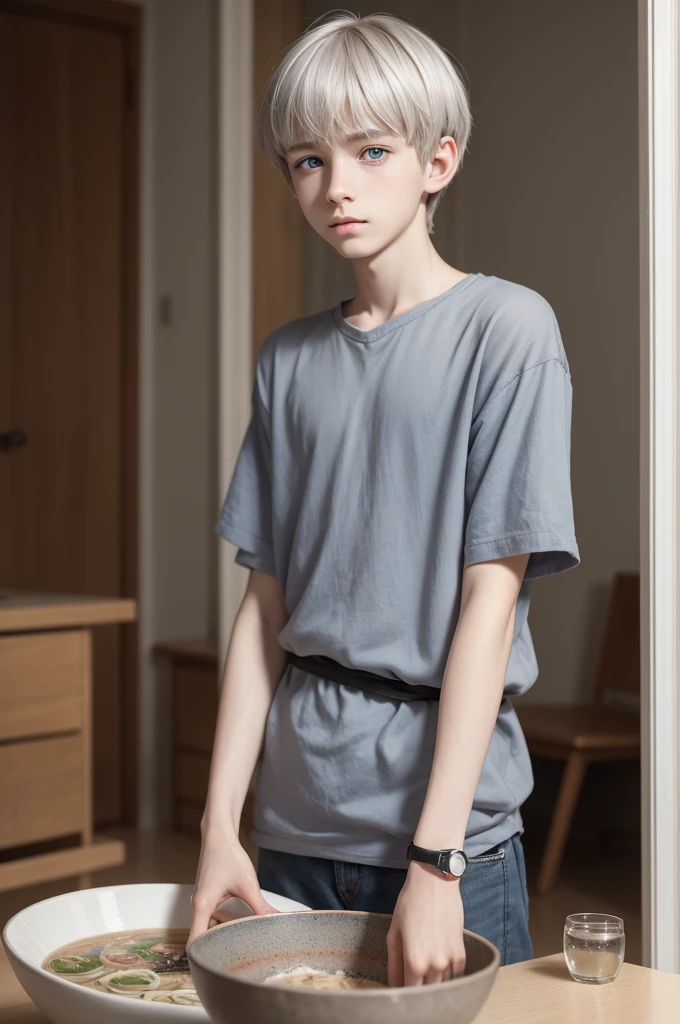 I would like a young 18 year old boy, height 1.70 and thin, gray hair, pale skin and blue eyes, straight hair and bowl cut