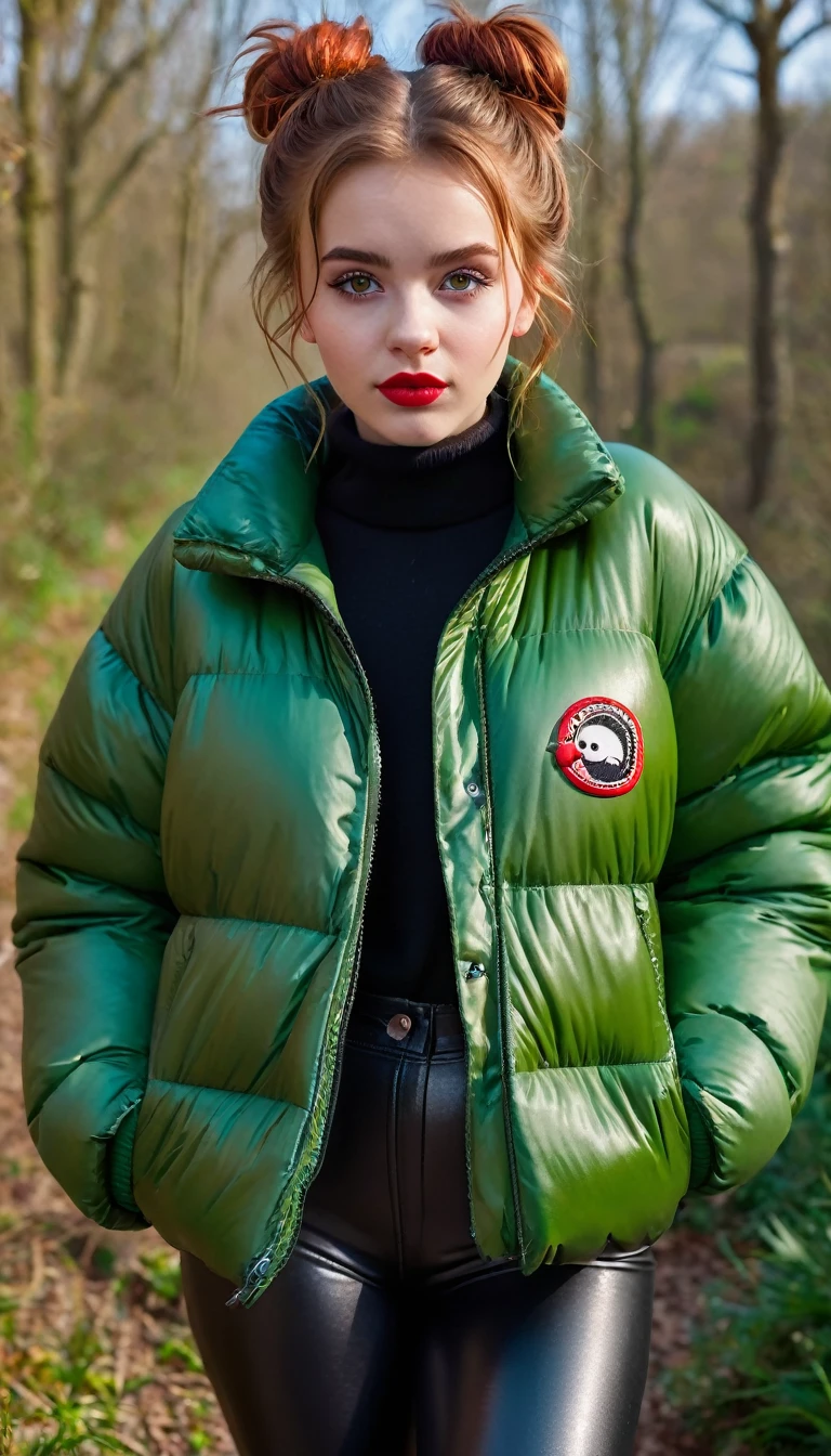 ultrarealistic high quality fullbody photo of a beautiful slim european  girl with cute hyperdetailed shy face and natural redhead short messy bun and mischievous face, realistic round hazel eyes, red lips, dark eye makeup with eyeliner, wearing shiny green puffer jacket and faux leather leggins, hourglass body, outdoor shooting