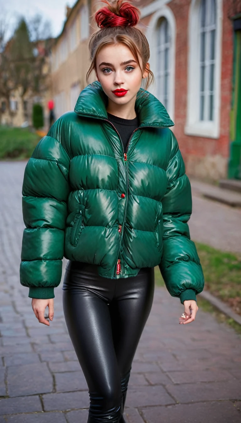 ultrarealistic high quality fullbody photo of a beautiful slim european teen girl with cute hyperdetailed shy face and natural redhead short messy bun and mischievous face, realistic round hazel eyes, red lips, dark eye makeup with eyeliner, wearing shiny green puffer jacket and faux leather leggins, hourglass body, outdoor shooting