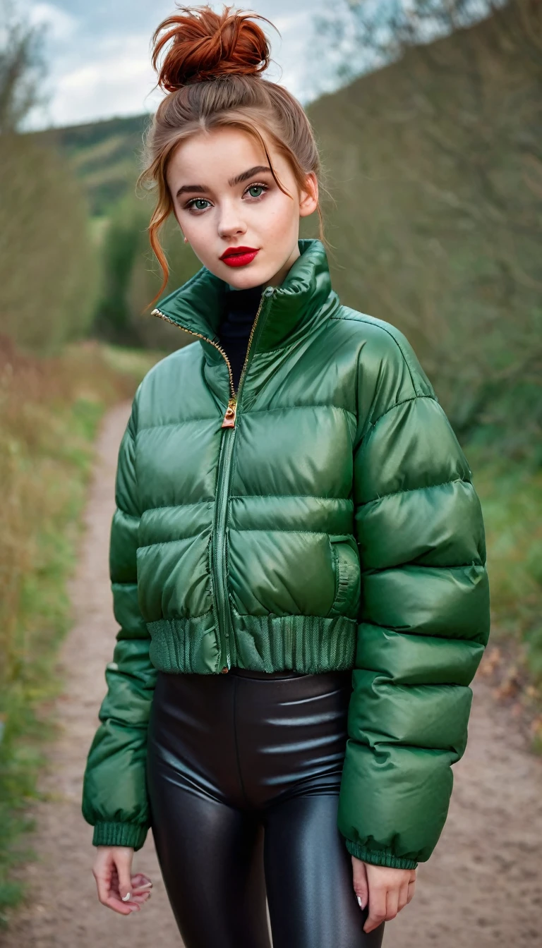 ultrarealistic high quality fullbody photo of a beautiful slim european teen girl with cute hyperdetailed shy face and natural redhead short messy bun and mischievous face, realistic round hazel eyes, red lips, dark eye makeup with eyeliner, wearing shiny green puffer jacket and faux leather leggins, hourglass body, outdoor shooting