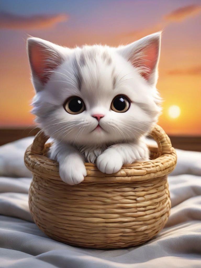 With the sunset in the background,(masterpiece:1.2, high quality), Several kittens sleeping together in bed、