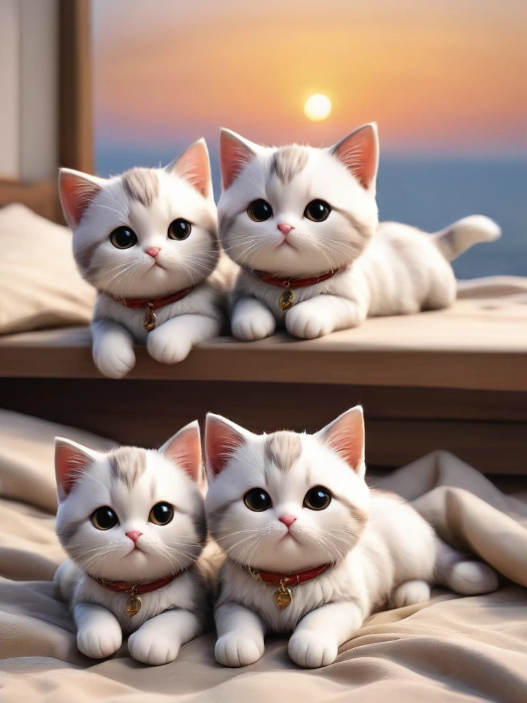 With the sunset in the background,(masterpiece:1.2, high quality), Several kittens sleeping together in bed、