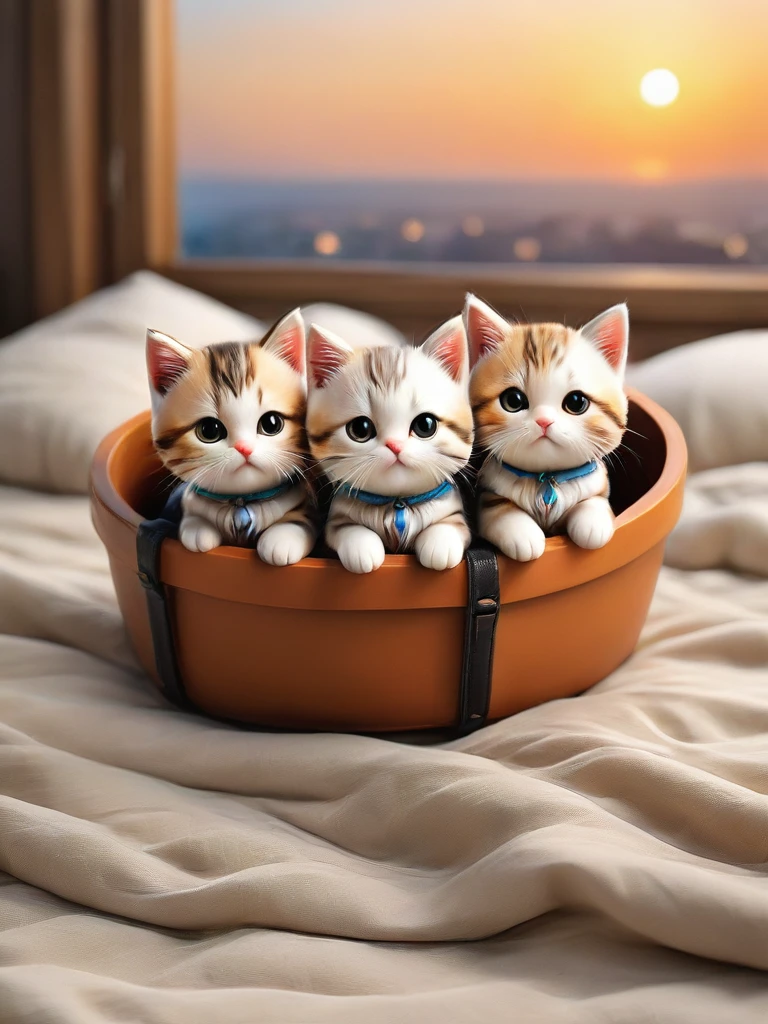 With the sunset in the background,(masterpiece:1.2, high quality), Several kittens sleeping together in bed、