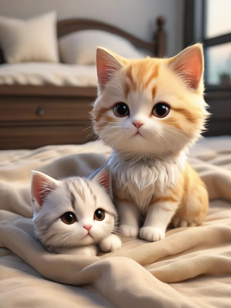 With the sunset in the background,(masterpiece:1.2, high quality), Several kittens sleeping together in bed、