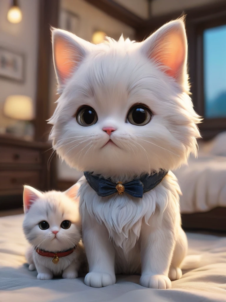With the sunset in the background,(masterpiece:1.2, high quality), Several kittens sleeping together in bed、