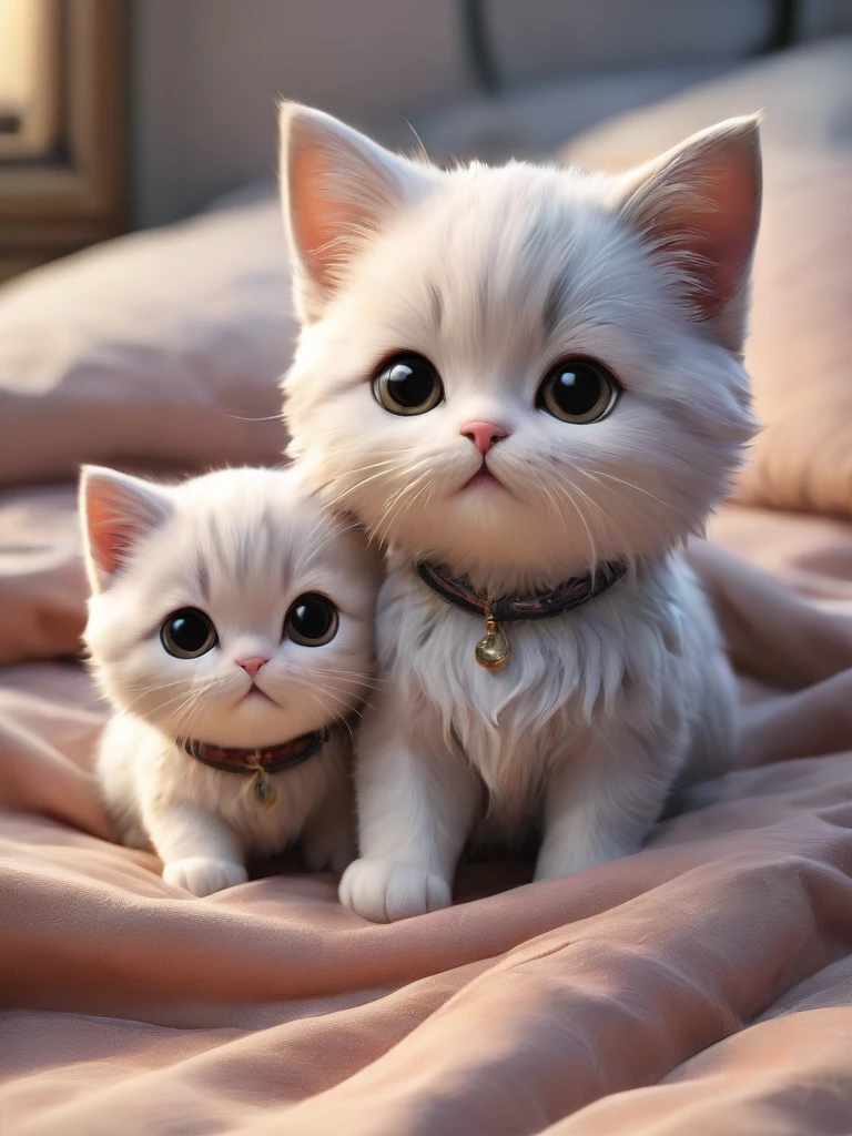 With the sunset in the background,(masterpiece:1.2, high quality), Several kittens sleeping together in bed、