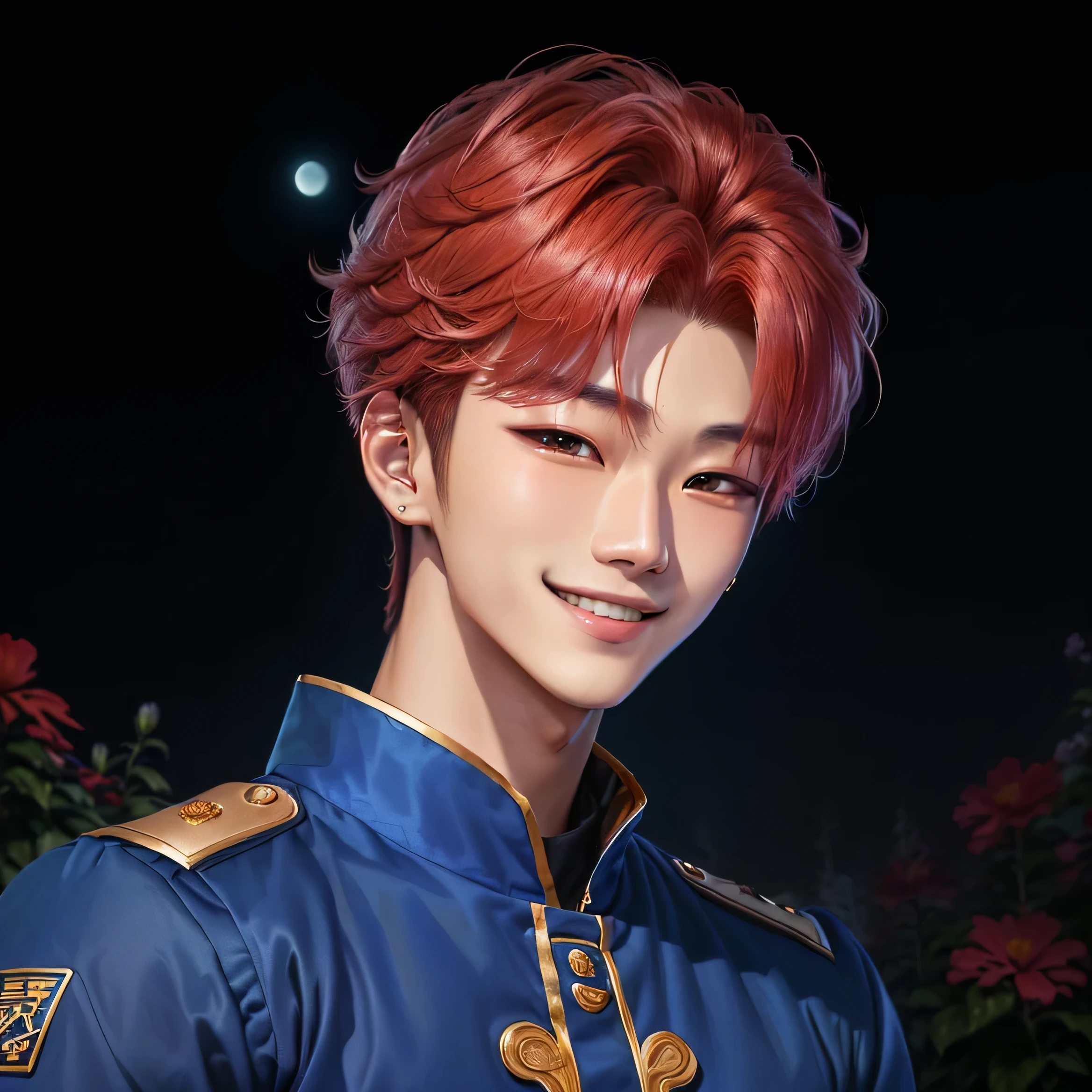 (((Full body image from feet to head of young single Korean man 22 years old very handsome, the most beautiful man in the world!!, hair is red, his skin is very white, brown eyes, muscle body!!, closed, strong arms!!, he is tall he is 1.86 meters high, anime styling, astro de k-pop, inspired by Moonbin from Kpop group Astro!!))),((he is smiling)), (((wearing red rapper style clothes!!!!))), (((Background scene is a flower garden)))