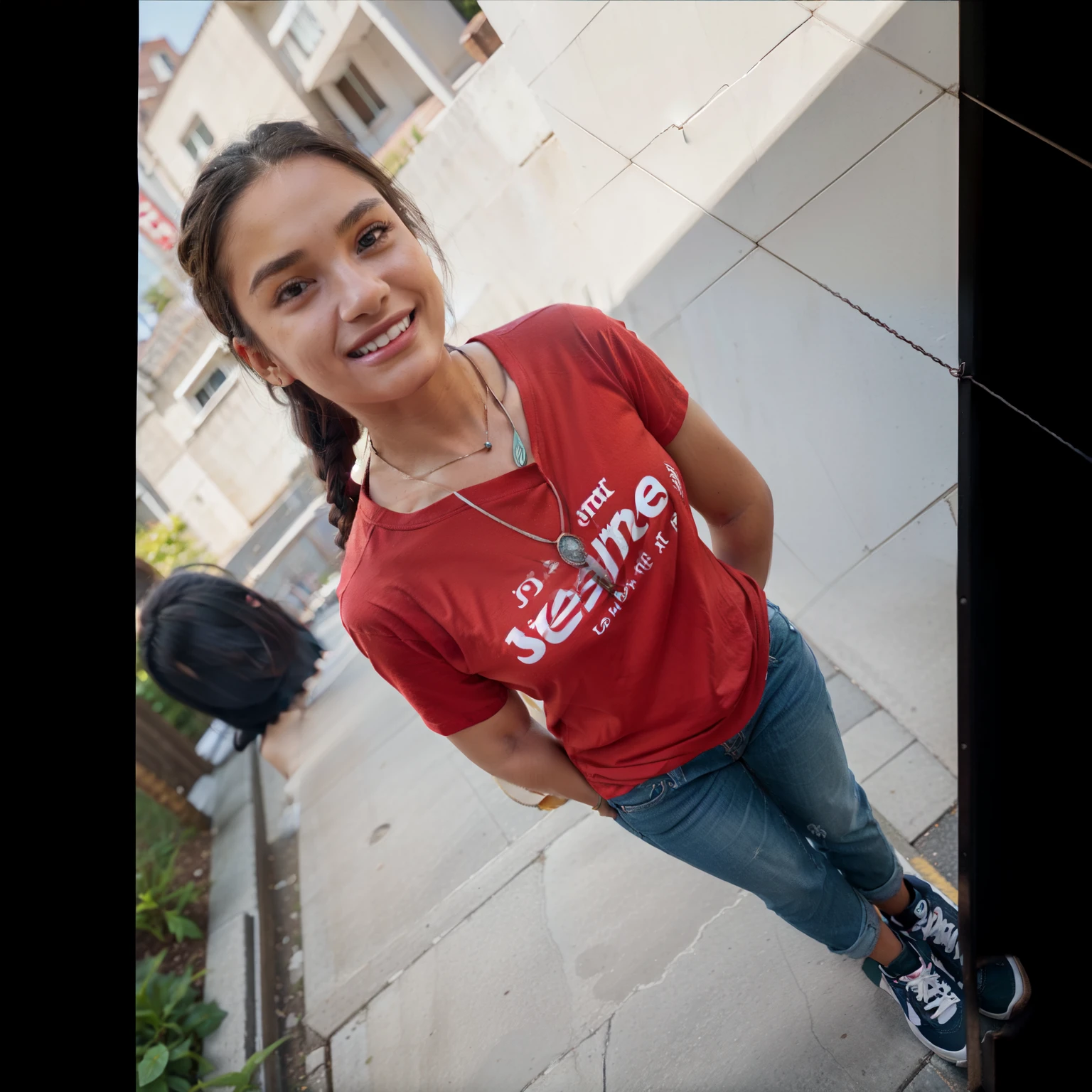 1girl, light brown skin, long black hair tied back, friendly smile, red t-shirt with supreme logo, necklace with small pendant, blue jeans, dark blue sneakers, blurry urban street scene with people and green fence, natural daylight lighting, photorealistic, highly detailed, cheerful expression, casual attire, (best quality,4k,8k,highres,masterpiece:1.2),ultra-detailed,(realistic,photorealistic,photo-realistic:1.37),HDR,studio lighting,extreme detail description,vivid colors