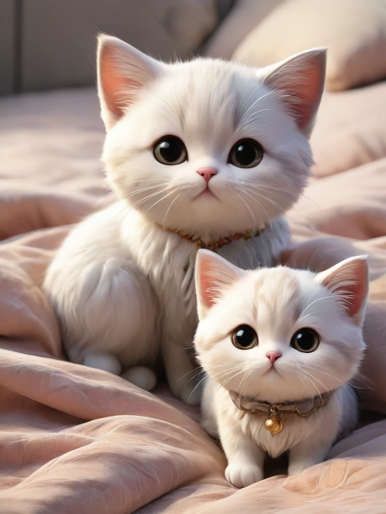 With the sunset in the background,(masterpiece:1.2, high quality), Several kittens sleeping together in bed、