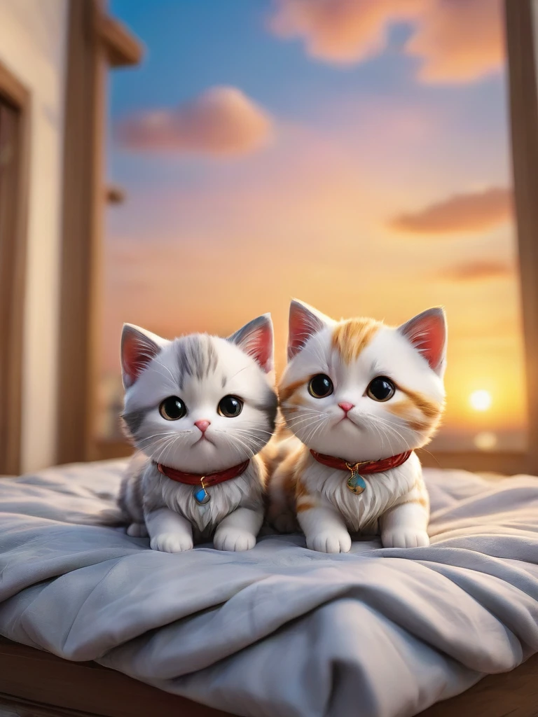 With the sunset in the background,(masterpiece:1.2, high quality), Several kittens sleeping together in bed、