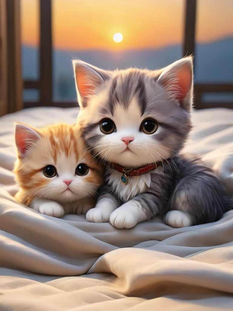 With the sunset in the background,(masterpiece:1.2, high quality), Several kittens sleeping together in bed、