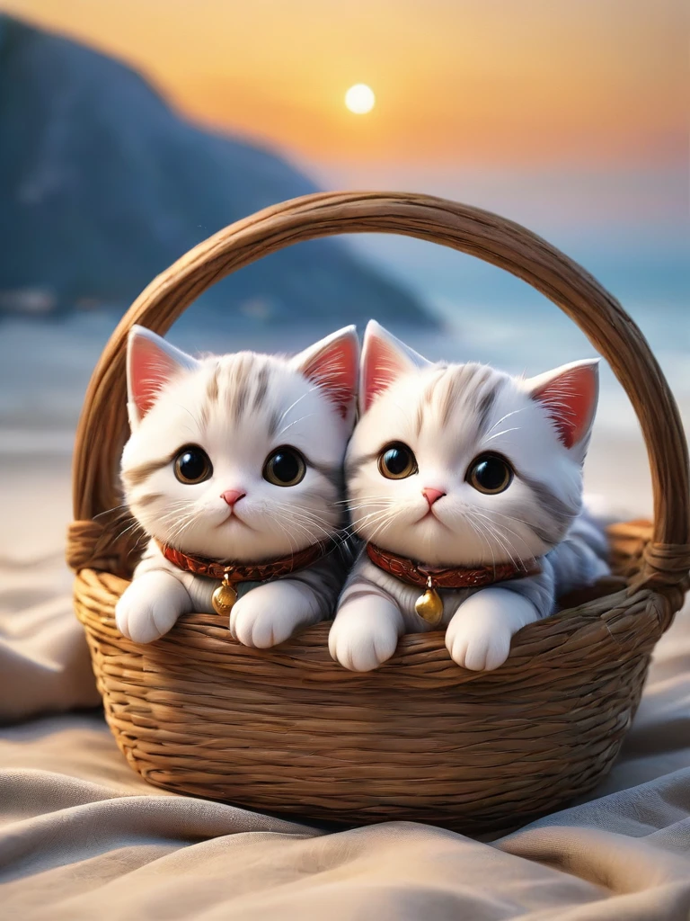 With the sunset in the background,(masterpiece:1.2, high quality), Several kittens sleeping together in bed、