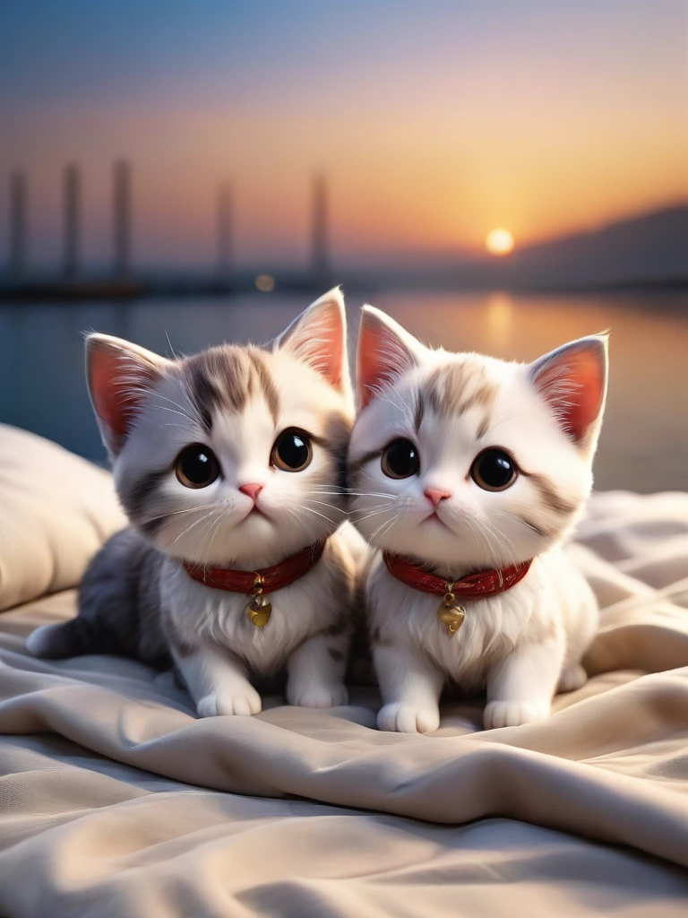 With the sunset in the background,(masterpiece:1.2, high quality), Several kittens sleeping together in bed、