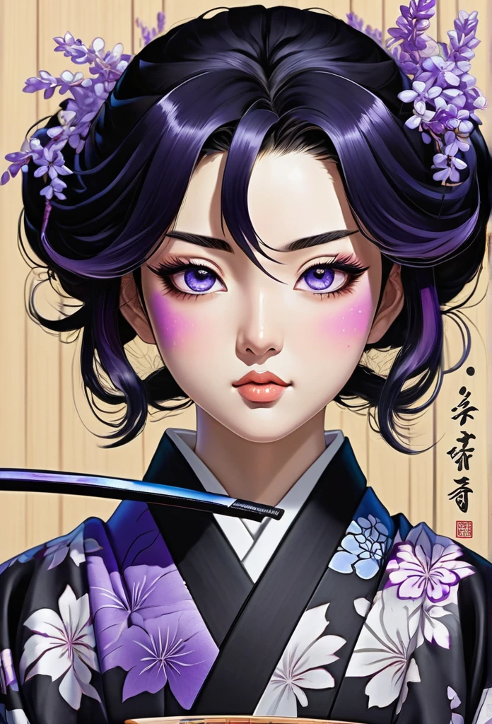 Character with kimetsu no yaiba traits, medium black hair with purple ends, haori with wisteria designs, a black and lilac katana. His face is angelic, crystal blue eyes, a scar on the left corner of your mouth. She is sitting with Tokito Muichiro eating rice cakes. extremely detailed painting 
