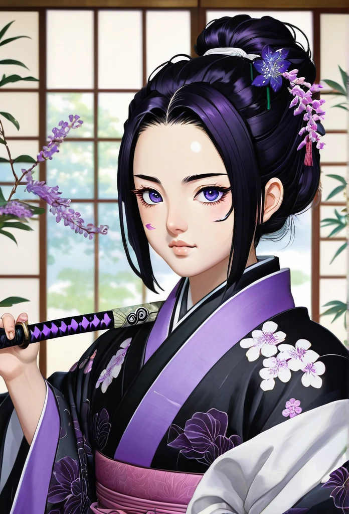 Character with kimetsu no yaiba traits, medium black hair with purple ends, haori with wisteria designs, a black and lilac katana. His face is angelic, crystal blue eyes, a scar on the left corner of your mouth. She is sitting with Tokito Muichiro eating rice cakes. extremely detailed painting