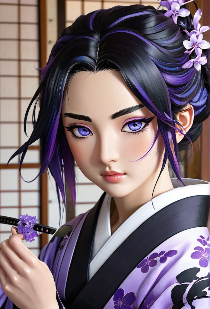 Character with kimetsu no yaiba traits, medium black hair with purple ends, haori with wisteria designs, a black and lilac katana. His face is angelic, crystal blue eyes, a scar on the left corner of your mouth. She is sitting with Tokito Muichiro eating rice cakes. extremely detailed painting 