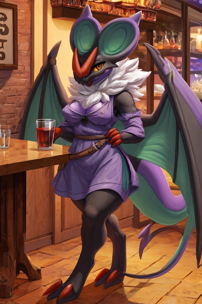 Female, solo, anthro noivern, waitress, restaurant, carrying drinks, natural breasts, digitigrade, looking at viewer, detailed full body picture, casual outfit, walking towards the viewer, wings on back, folded wings, detailed eyes, one tail

