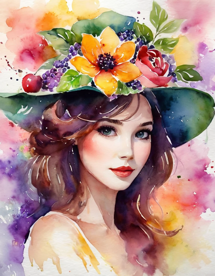 Watercolor painting，Beautiful girl wearing fruit flower hat, Guviz-style artwork,，Artistic creativity:1.37